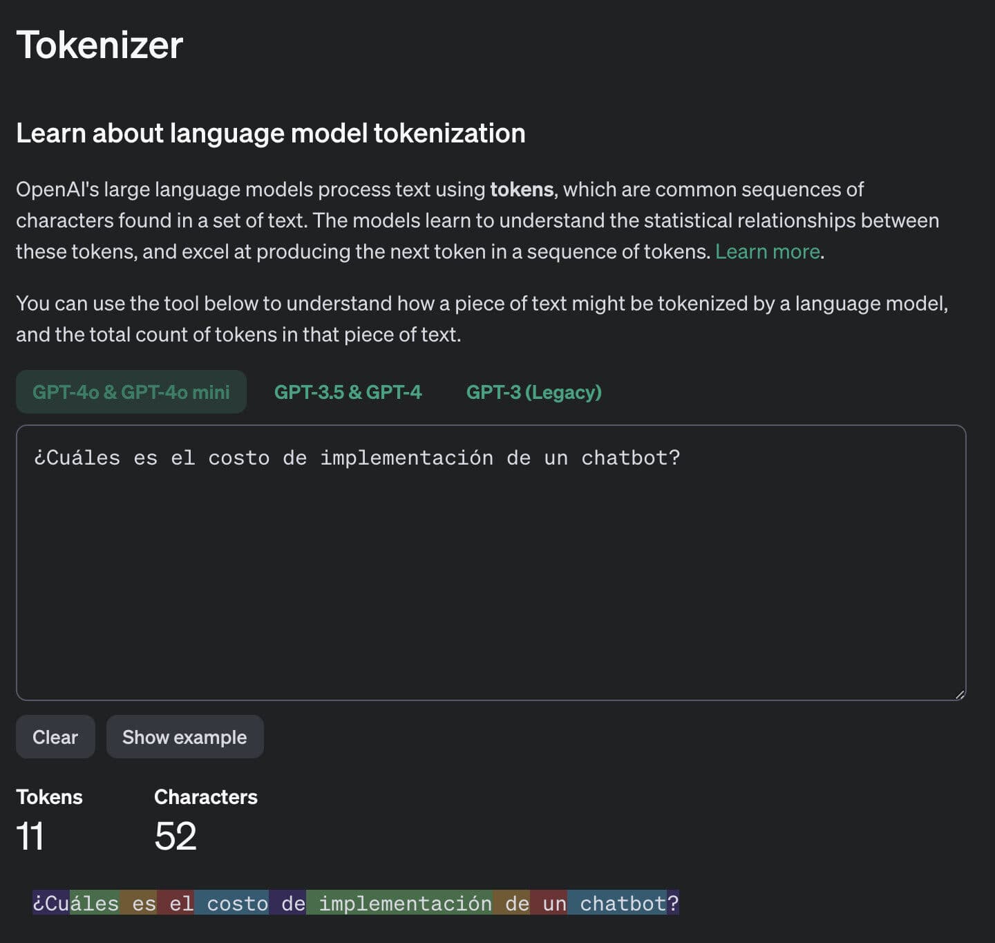 Ejemplo de tokens de entrada en una consulta