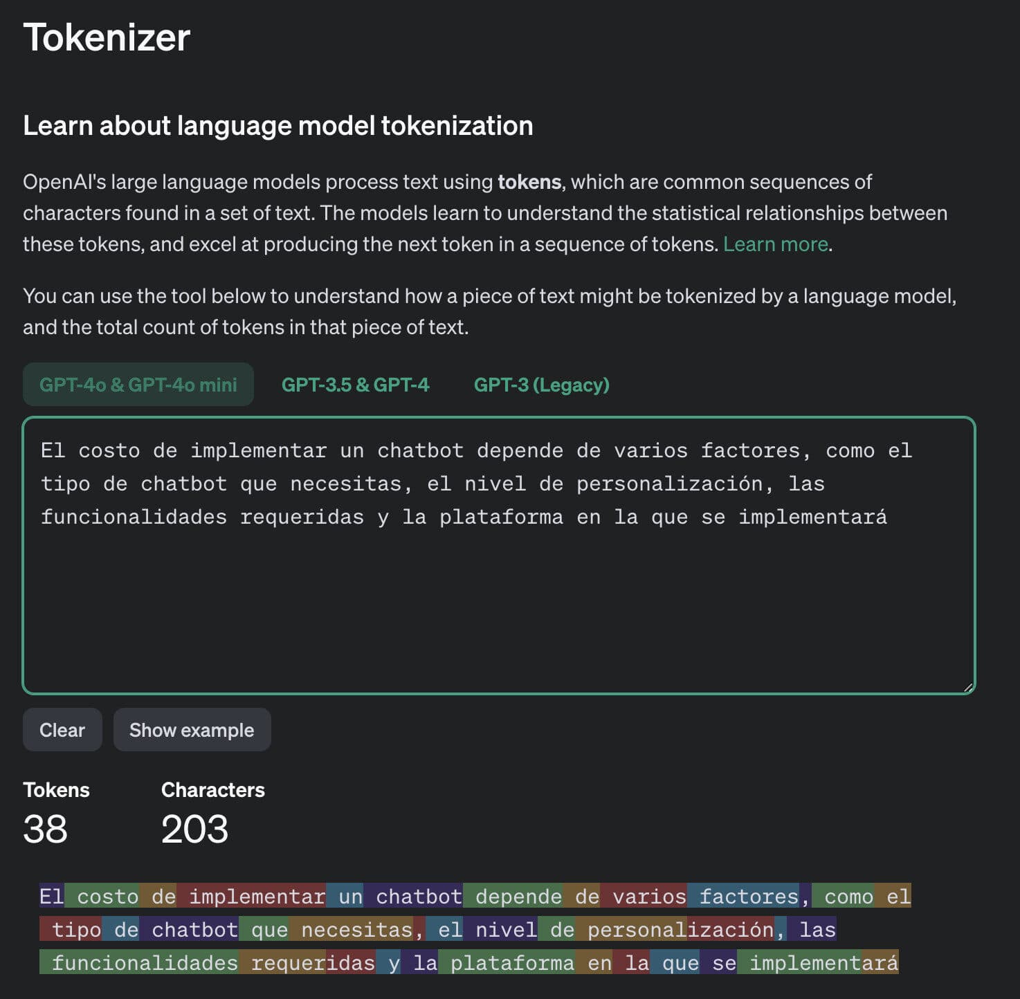 Ejemplo de tokens de salida en una respuesta