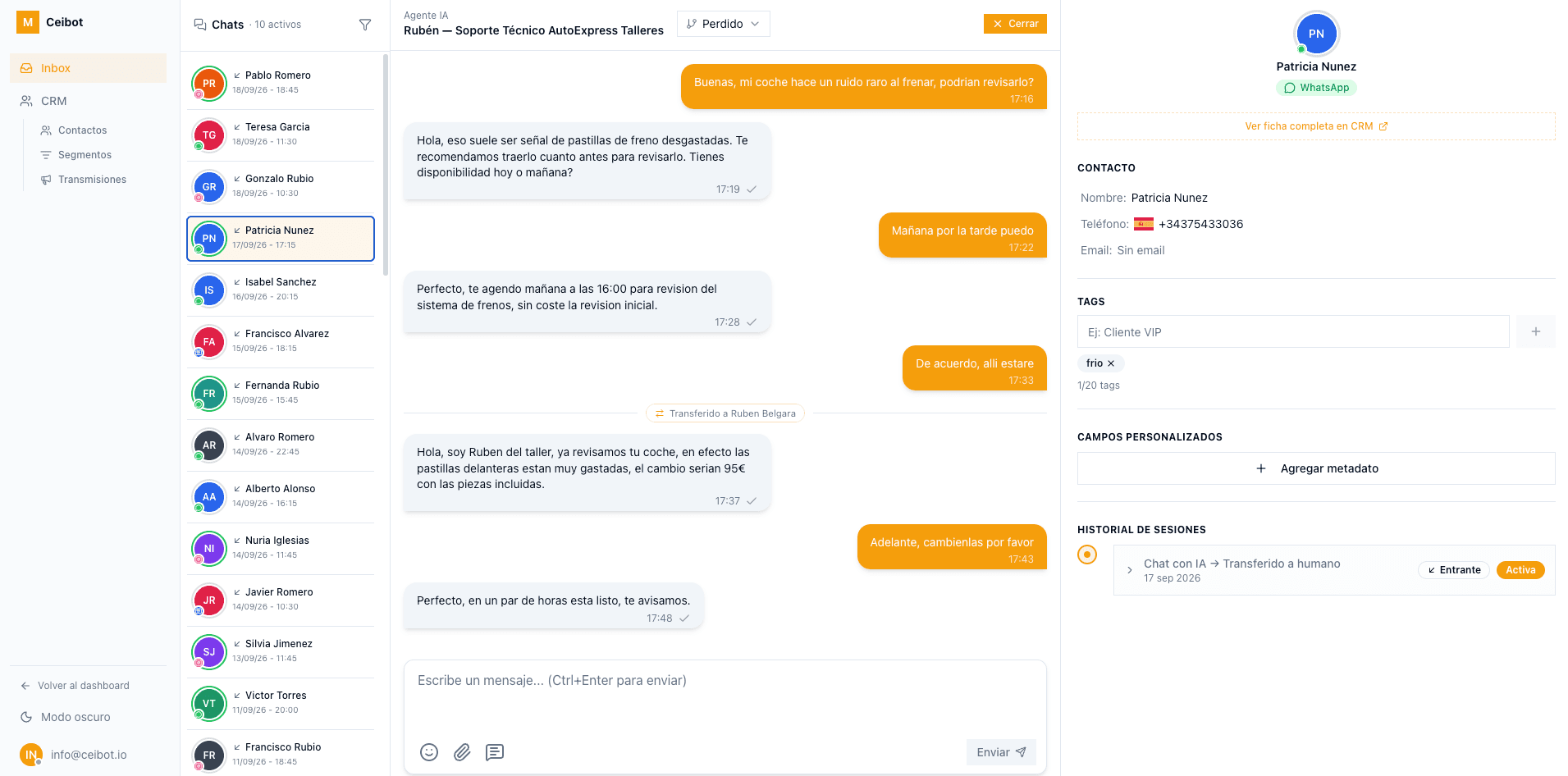 Inbox compartido de Ceibot con conversaciones y contexto de clientes