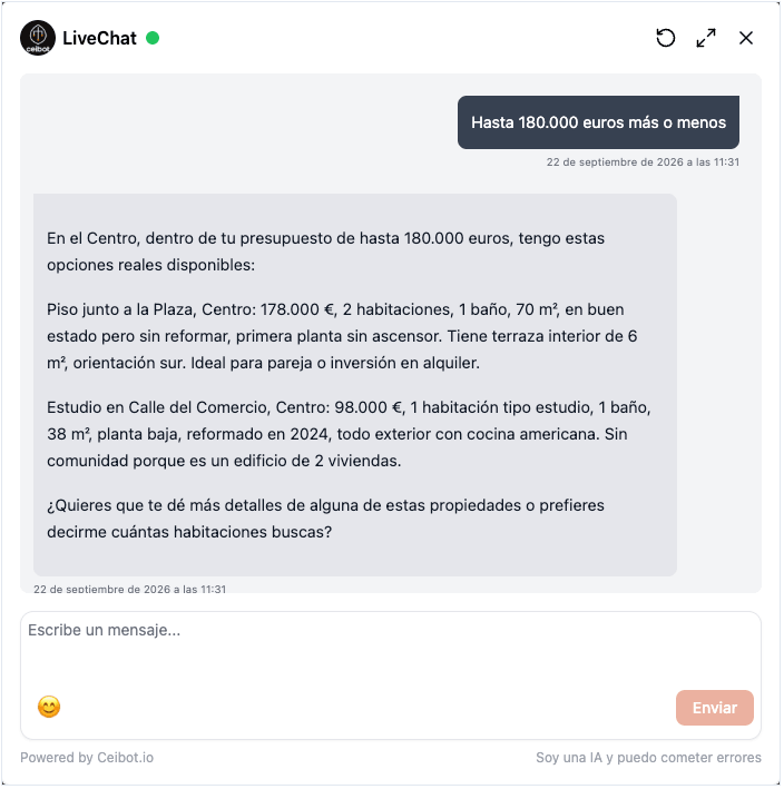 El agente responde con propiedades reales del portfolio dentro del presupuesto indicado
