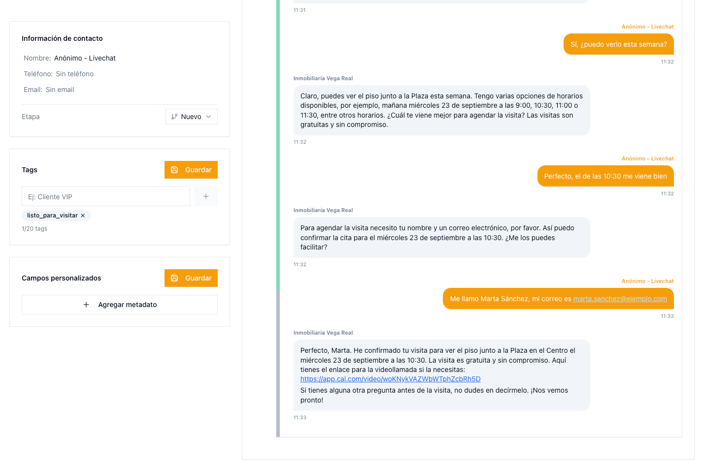La misma conversación vista desde el panel del negocio, con el tag "listo_para_visitar" ya aplicado al contacto