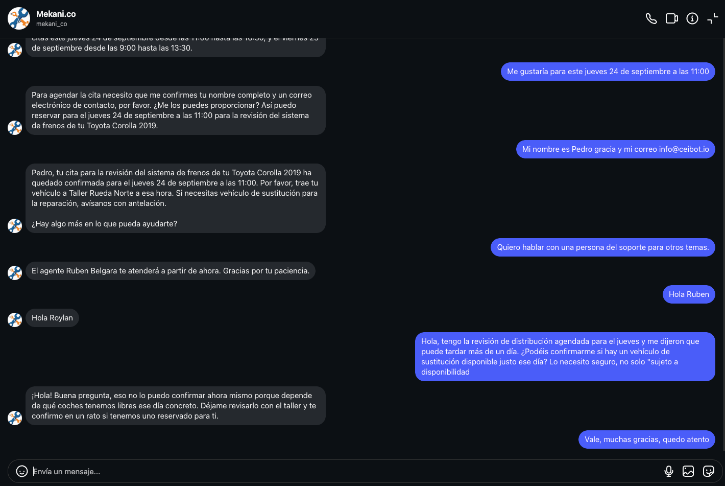 El agente diagnostica el problema, consulta disponibilidad real y confirma la cita solo tras recibir nombre y correo del cliente
