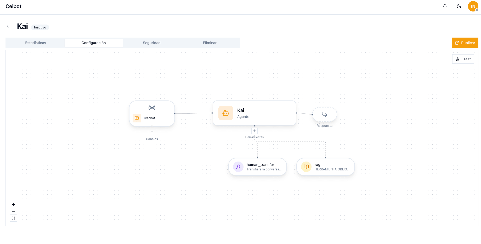 Canvas del agente "Kai" ya creado, con sus dos herramientas: base de conocimiento y transferencia